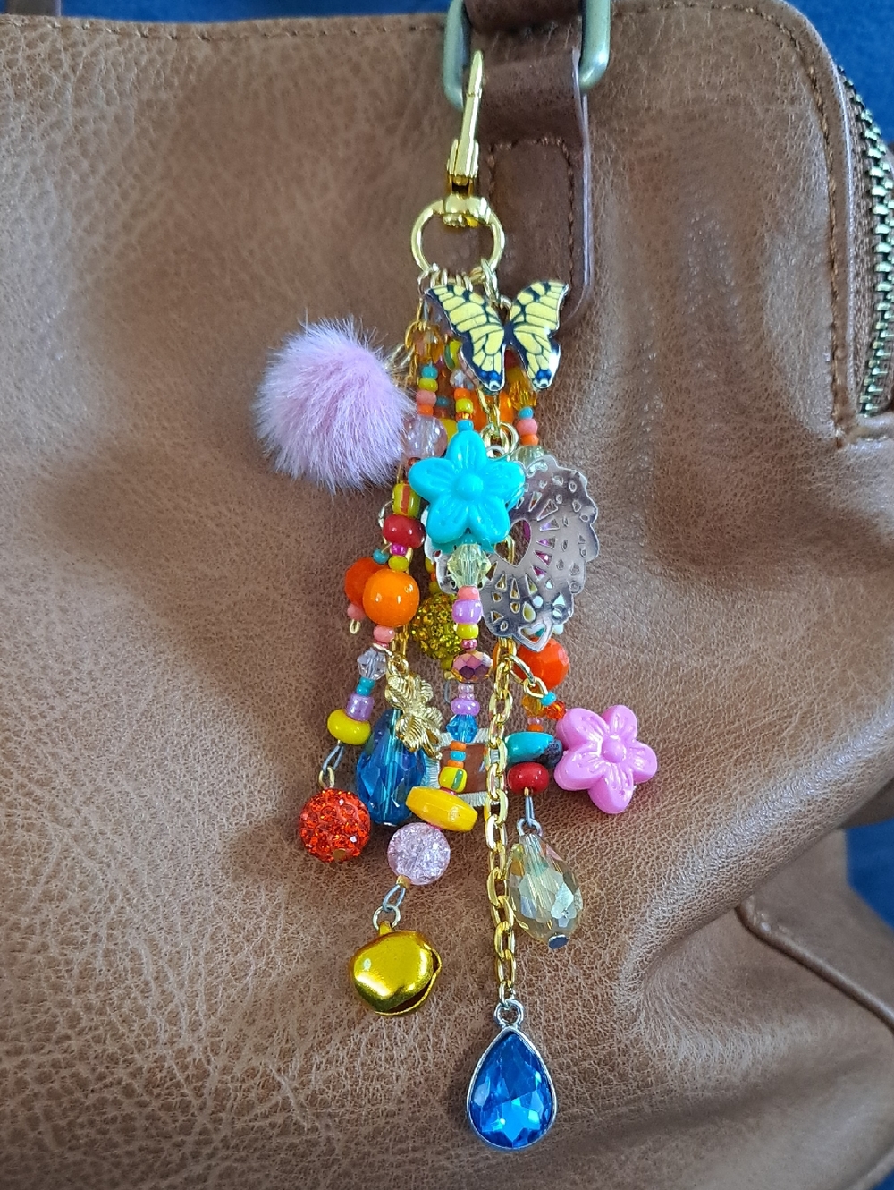 PURSE OR BAG CHARM Handmade Colorful Candy Colors/Gold Palette, Beads, Fun, 5.5"